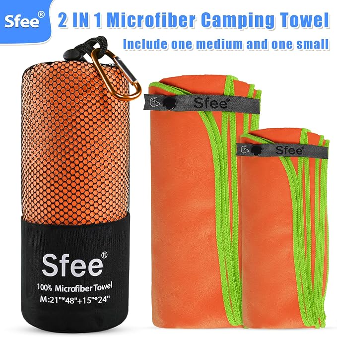 Sfee 2 Pack Microfiber Travel Towel, Quick Dry Towel Camping Towel Super Absorbent Compact Lightweight Sports Swim Gym Towel Beach Towels Set for Gym, Hiking, Pool, Backpacking, Bath, Yoga