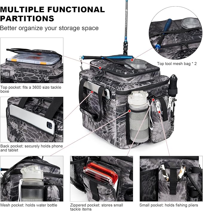 Rabjen Fishing Tackle Bag with Rod Holders & Cooler Main Compartment – Large Capacity Fishing Bag for Organized Gear Storage