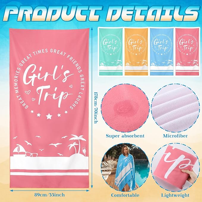 Patelai 4 Pcs Girls Trip Beach Towels Girls Trip Gifts Lightweight Microfiber Oversized 35 x 70 Inches Towels Quick Dry Colorful Easy Pack for Swimming Pool Camping Women Adult Vacation (Classic)