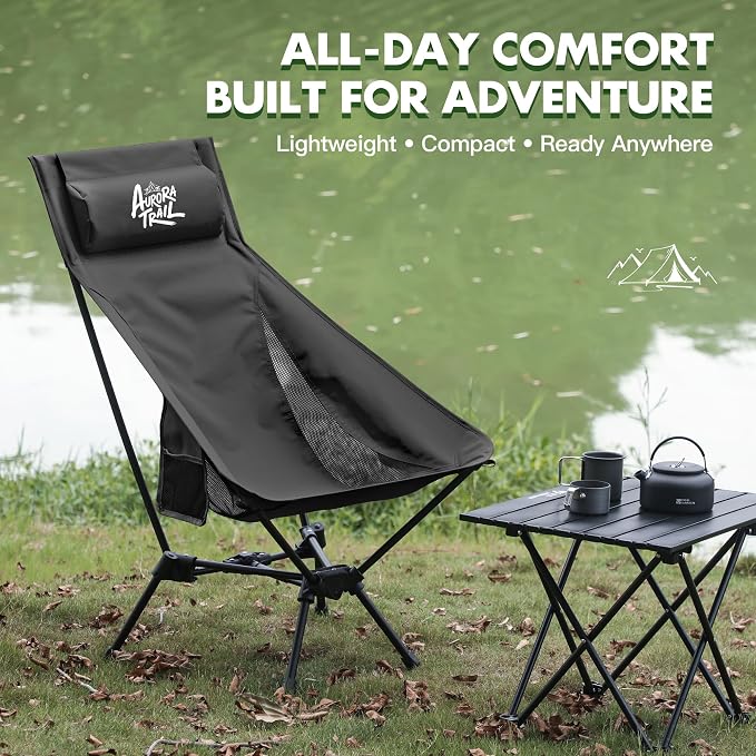 AuroraTrail High Back Folding Camping Chair with Pillow – Lightweight Portable Outdoor Chair with Cup Holder & Carry Bag, Sturdy Aluminum Frame Supports up to 374 lb for Camping, Hiking & Festivals