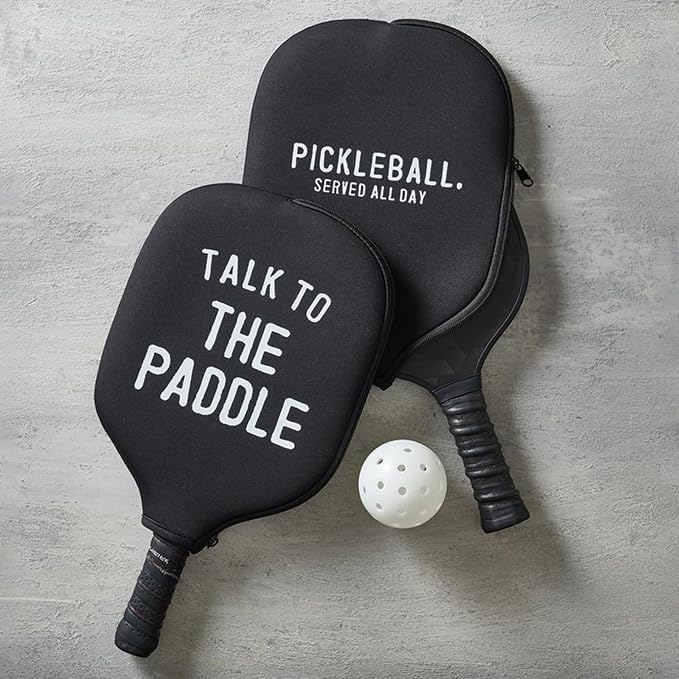 Needzo - Funny Pickleball Paddle Cover Set, Black Neoprene Racket Case, Gifts for Pickle Ball Players, 12 x 9 Inches (Pack of 2)