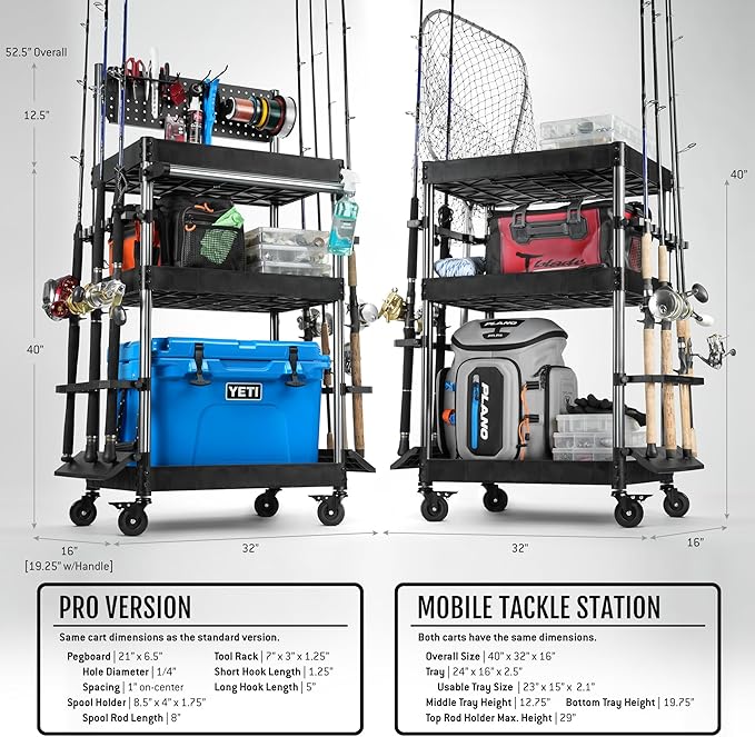 Savior Equipment Mobile Tackle Station Pro 16 Fishing Rod Holder Cart w/Wheels, Adjustable Rack For Different Rod & Reel, 3-Level Fishing Gear Storage Pole Organizer For Garage Home Indoor Use, Black