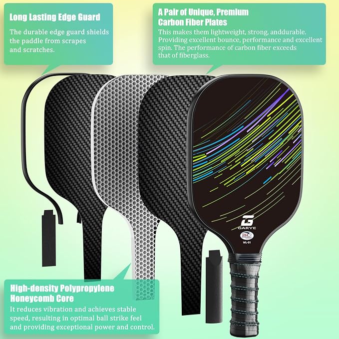 GARYE Pickleball Paddles Set of 2 or 4, USAPA Approved Carbon Fiber Pickleball Set, Lightweight Pickle Ball Rackets 2 Pack with 6 Balls, 1 Bag, Pair of Grip Tapes, Pickle Ball Paddle for Men and Women