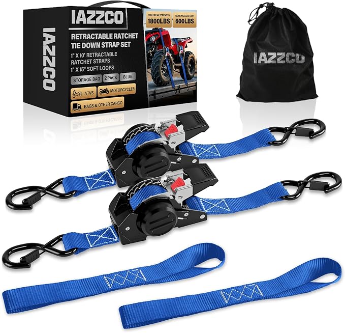 10FT Retractable Ratchet Straps(2-Pack) - 1 Inch (1800 LB Break Strength) Heavy Duty Self Retracting Ratchet Straps with Soft Loops & Storage Bag for Household, Motorcycle, Truck, ATV(Blue)