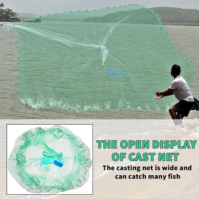 Saltwater Fishing Cast Net Eco-Friendly Rubber Sinker 1/2 Inches Mesh for Bait Shrimp Trap Fish Size 4FT/5FT/6FT/7FT/8FT/9FT/10FT/11FT/12FT Radius