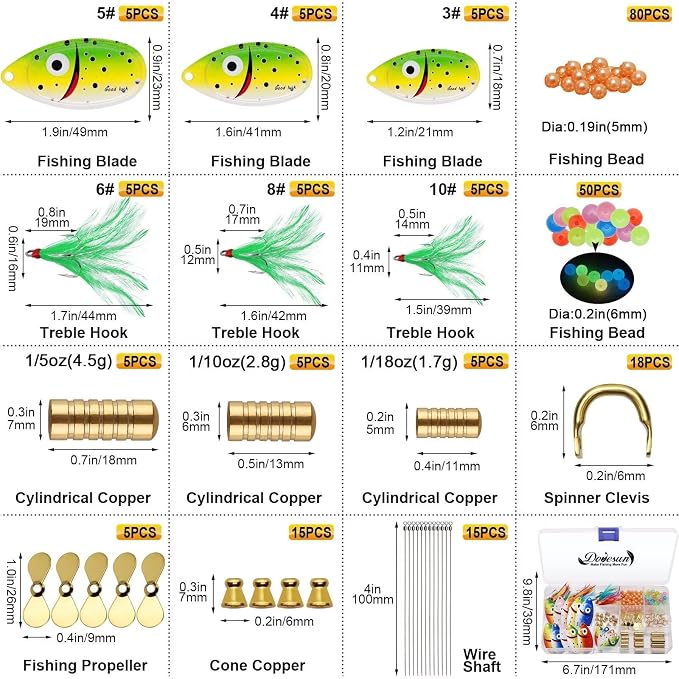 Dovesun Fishing Lure Making Kit DIY Spinner Making Kit, Inline Spinner Baits for Bass Fishing Trout Salmon Freshwater Gift for Men 228pcs/155pcs/107pcs