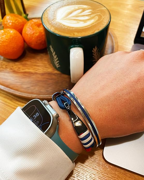 Men's Nautical Anchor Cuff Bracelet, Handmade Black & Blue Stainless Steel Rope Wristband with Lobster Claw Clasp