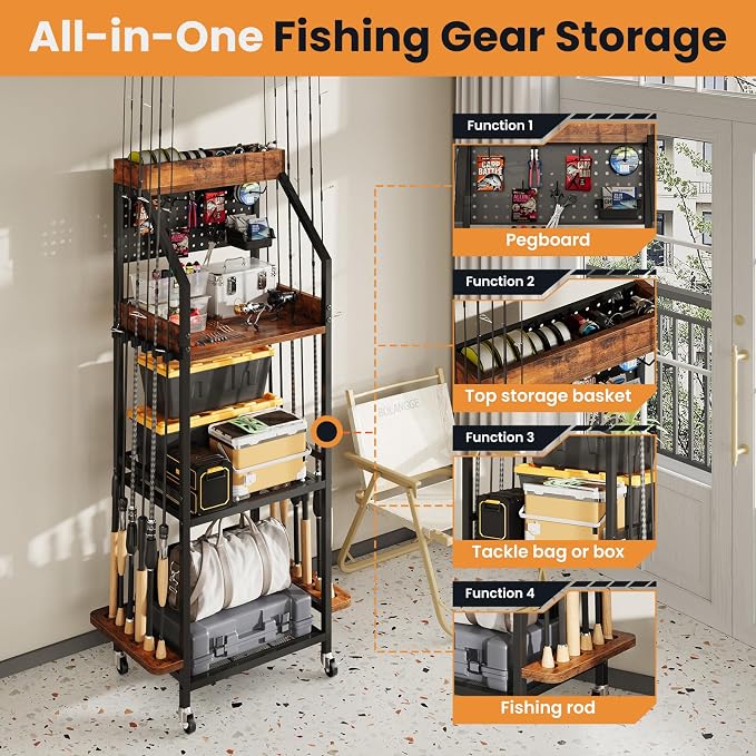 Fishing Rod Holder for Garage with Hooks & Pegboard, 3-Tier Fishing Pole Rack Holds 12 Rods, Rolling Fishing Rod Storage Organizer with Wooden Tool Box, Fishing Tackle Shelf for Anglers
