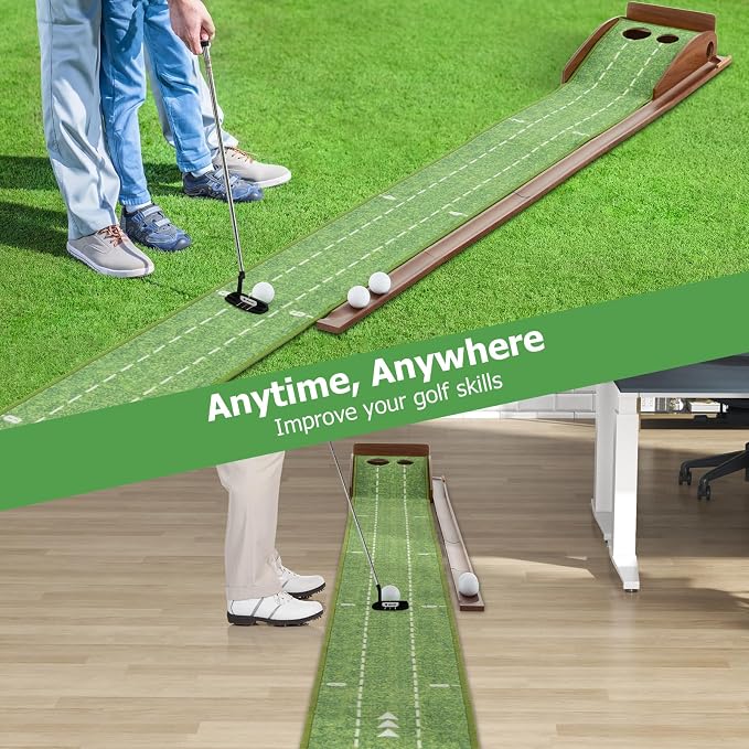 GYMAX Putting Mat, Golf Putting Green Indoor with 2/3 Hole, Golf Practice Mat with Auto Ball Return, Golf Training Aid Putter Alignment for Home Office, Golf Accessories Gift