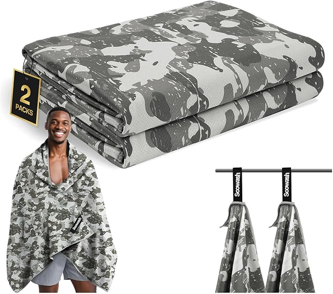 Microfiber Sweat Towel 2 Pack 30" x 60" Gym Towel Camouflage Gray | Lightweight and absorbent microfiber towel with quick-dry, odor-resistant fabric for yoga, travel, camping and beach