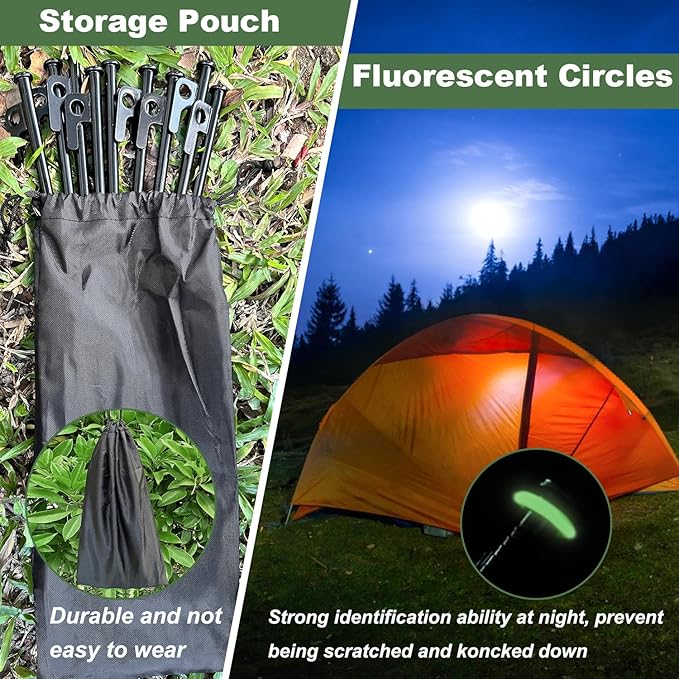 16Pcs Tent Stakes, 12in Heavy Duty Tent Stakes with Storage Pouch, Dia. 0.35" Forged Steel Stakes for Tent Used on Rocks, Grassland, Snowfield(16Pcs 12in Stakes)