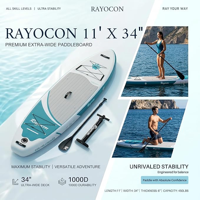 Inflatable Stand Up Paddle Board 11'×34" Extra Wide SUP, Ultra-Stable for Adults & Dog, 450lbs, Dual Chamber Pump, Fiberglass Paddle, Military Grade Dual Layer