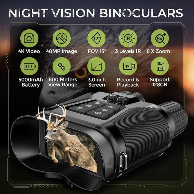 4K Night Vision Binoculars–8X Zoom, 40MP Photos, 5000mAh Battery, 13° FOV, 3” Display, 800M Range, 3 IR Levels, 128GB Storage – Gift Set with Compass & Pouch for Camping and Wildlife.