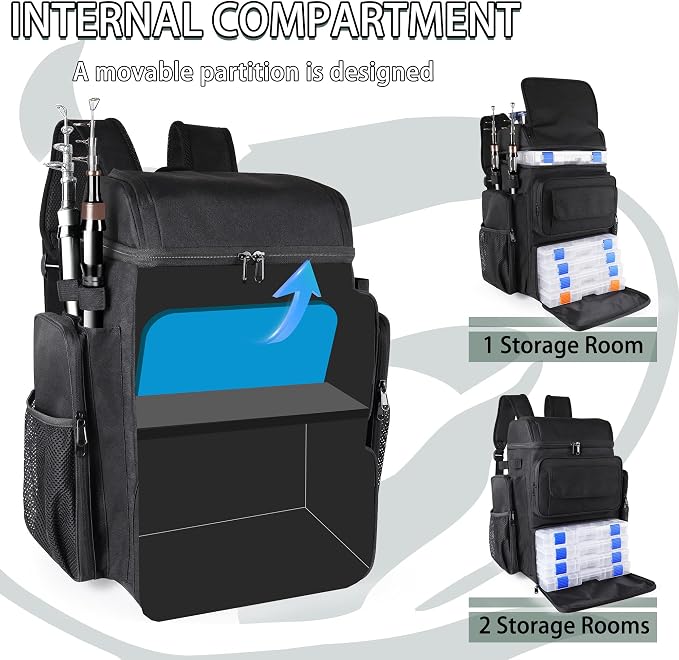Fishing Tackle Backpack With Rod Holders, 45L Large Tackle Bag & Fishing Tackle Backpack for Fishing, Camping, Hiking,Black