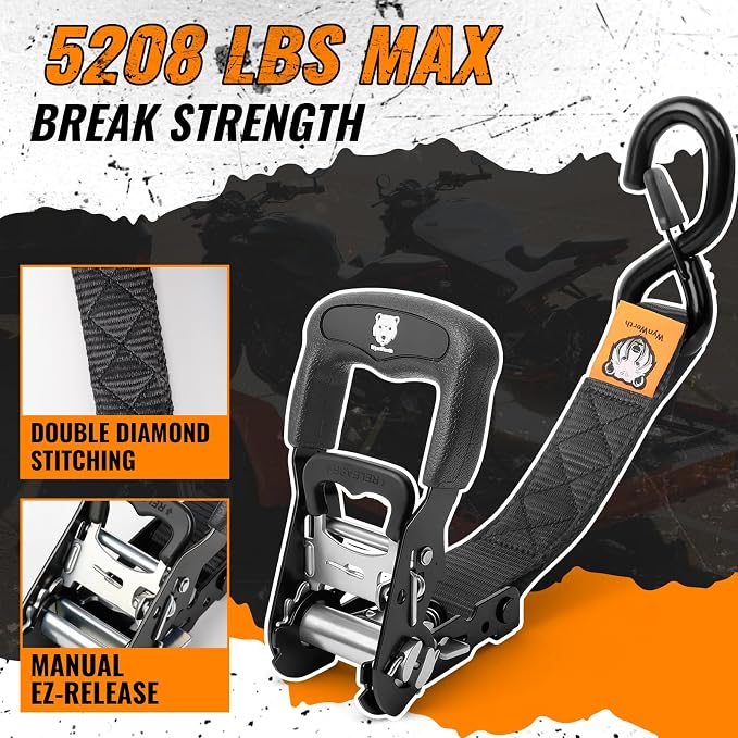 2 Pack Ratchet Straps,Heavy Duty Powersports Tie Downs Load Straps,5208lbs Break Strength 1.5in x 8ft with Safety S Hooks and Soft Loops for Motorcycle Truck Cargo Roof Rack,Break Strength, Black