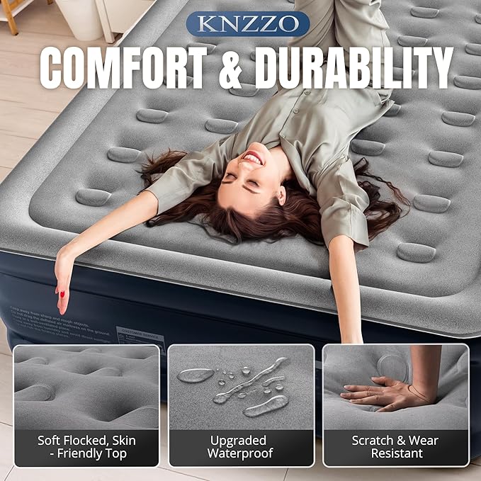 KNZZO Queen Air Mattress with Built-in Pump, 18" Top Inflatable Mattress with Waterproof Flocking Fabric, Three-Minute Quick-Inflatable Bed. Portable Blow Up Mattress for Home, Outdoor and Guests