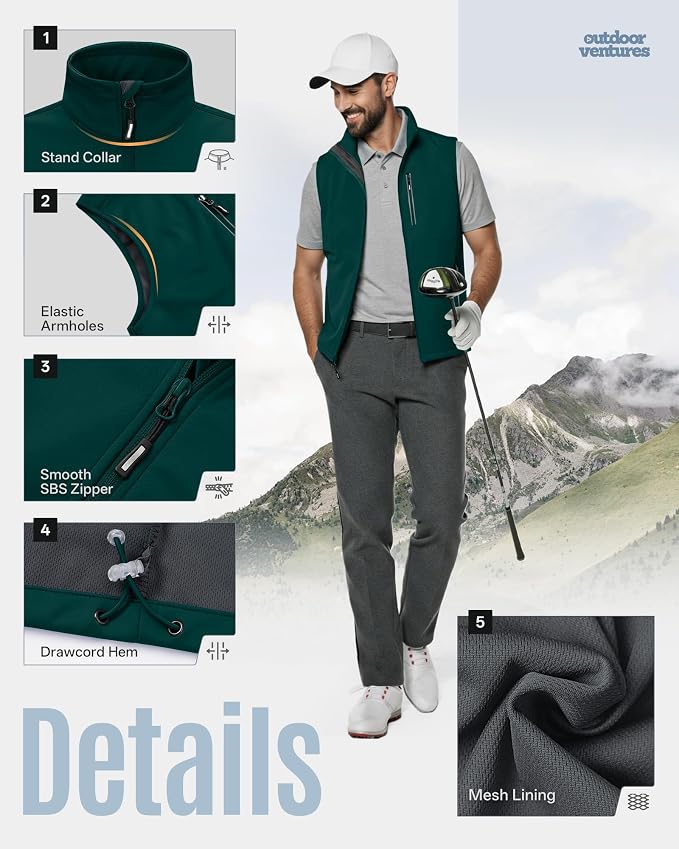 Outdoor Ventures Men's Windproof Softshell Vest Outerwear Lightweight Sleeveless Jacket for Running Golf Hiking Travel