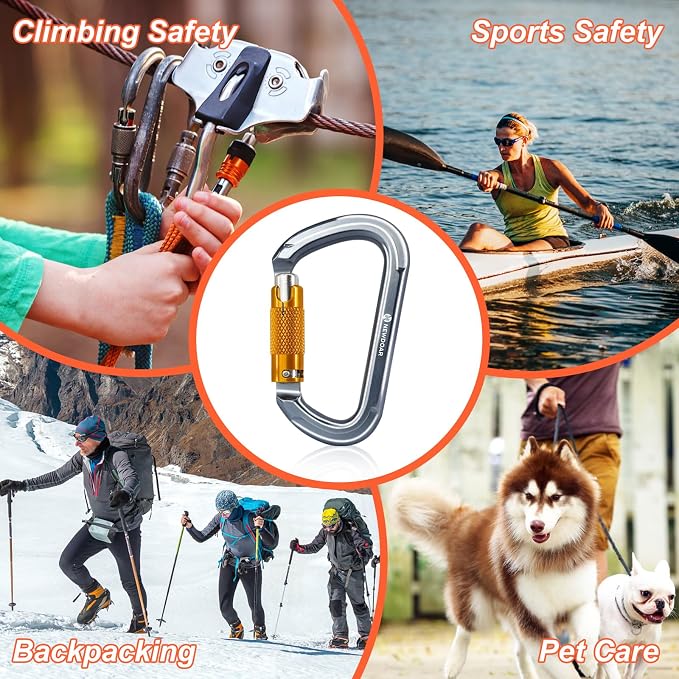 NewDoar 28KN UIAA & CE Certified Auto Climbing Carabiner Professional Heavy Duty Caribeaner for Rappelling D-Shaped