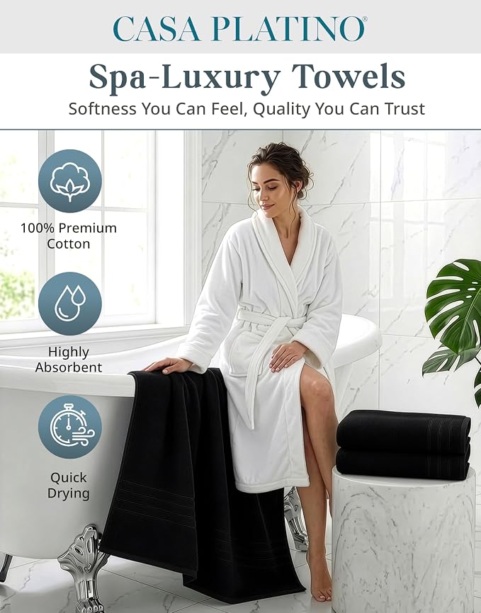 Casa Platino 100% Cotton Bath Towels 4 Pack (30"x60") - Ring Spun Mercerized Cotton Large Towel Set for Bathroom - Quick Dry, Soft & Absorbent Large Bath Towel Set - Oeko Tex Certified - Black Towels