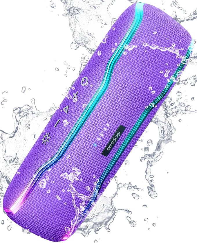 ERKEI SEHN Bluetooth Speaker, IPX7 Waterproof Wireless Speakers, Flashing Light, 25W Super Bass, 24H Playtime, Graduation Birthday Gifts for Him, TWS Pairing, Beach Essentials, Purple
