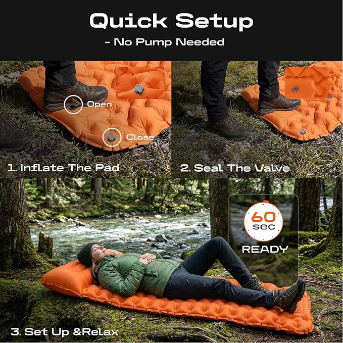 CKG Camping Sleeping Pad with Thermal Barrier, Ultralight Camping Mat 4in Thick with Pillow, Built-in Foot Pump Self Inflating Sleeping Pad for Hiking Tent Road Trip Car Camp Travel Gear, Orange