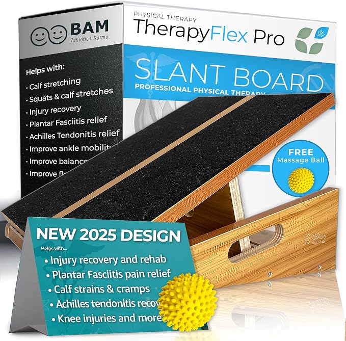 BAM Athletica's Physical Therapy Slant Board for Calf Stretching, Injury Recovery & Fitness | Adjustable Calf Stretcher Incline Board for Plantar Fasciitis Relief, Achilles Rehab, Squats & Exercise