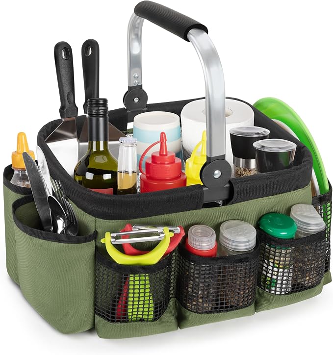 PGmoon Grill and Picnic Caddy, Foldable BBQ Tool Caddy with Rotated Handle, Multi-Pocket Grill Utensil Storage Bag for Outdoor Camping Picnic Patio Barbecue Accessories, Green