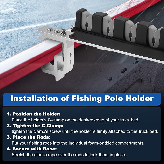 2x Aluminum Fishing Rod Holder for Truck Bed, 6 Rods Capacity, Stable C-Clamp Mount, Fishing Pole Storage Rack Holder for Truck Pickup Boat, Horizontally or Vertically Place