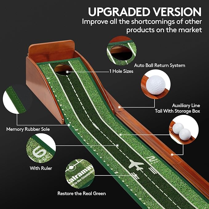 Kalramay Putting Green Indoor Golf Putting Mat – Easy to Assemble with Automatic Ball Return, Wrinkle-Free Close to Real Green Speed, Suitable for Office, Recreation Room, Patio – Ideal Gift