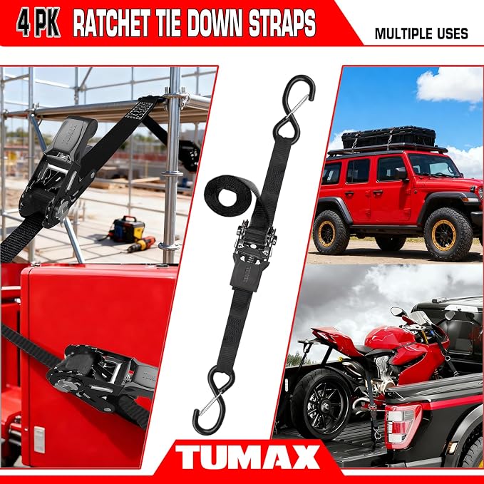 4-Pack Ratchet Straps, 15 FT Heavy Duty Tie Down Straps with 2000 LBs Break Strength, Ergonomic Rubber Handle & 4 Soft Loops, Cargo Straps for Motorcycle, ATV, UTV, Trailer & Moving - Black