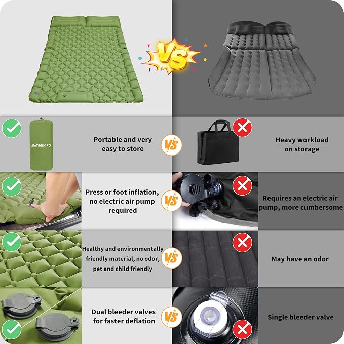 Inflatable Car Air Mattress, SUV Air Mattress for Travel Camping, Ultralight Camping Bed with Pillow and Built-in Foot Pump, Portable Sleeping Pad for SUV -Green