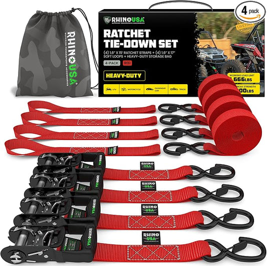 Rhino USA Ratchet Straps Heavy Duty Kit (4-Pack) - 1.6 Inch x 15 Feet Min Break Strength (5,000) - Ultimate Tie Down Straps with Safety S Hooks for Trucks, ATV, UTV, Motorcycle, Cargo & More - Red