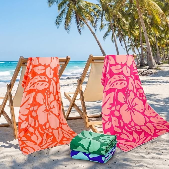 Tegeme 4 Pack Hibiscus Flower Microfiber Thin Beach Towel Lightweight 71x36 Oversized Extra Large Sand Free Towels Quick Dry for Travel Pool Yoga Sports Beach Accessories Vacation Essential Gift