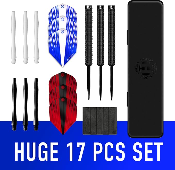Harrows Caliber 90% Tungsten Steel Tip Darts Set I 21g to 30g All Weights Available I Huge 16pcs Bundle with Spare Shafts, Prime Flights & Travel Case