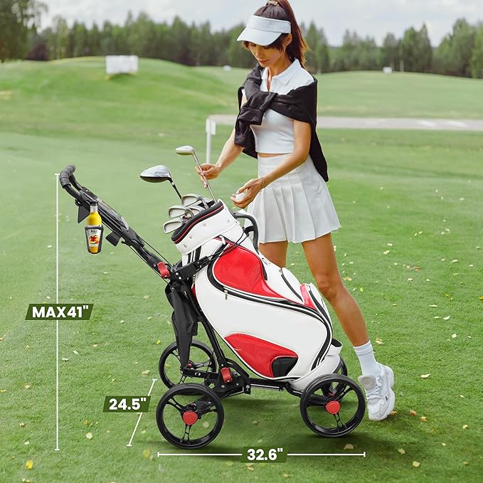 4-Wheel Golf Push Cart, 1-Click Folding, 300 lbs Load Capacity, Large Storage with Cup Holder, Cooler Bag, 10" Durable Wheels with Brake for All-Terrain, CruiseMaster V8 Golf Cart
