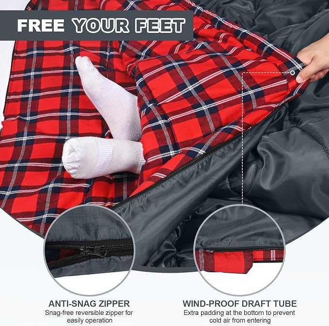 Cotton Flannel Double Sleeping Bag for Camping, Backpacking Or Hiking. Queen Size 2 Person Waterproof Sleeping Bag for Adults Or Teens. Lightweight with Compression Sack
