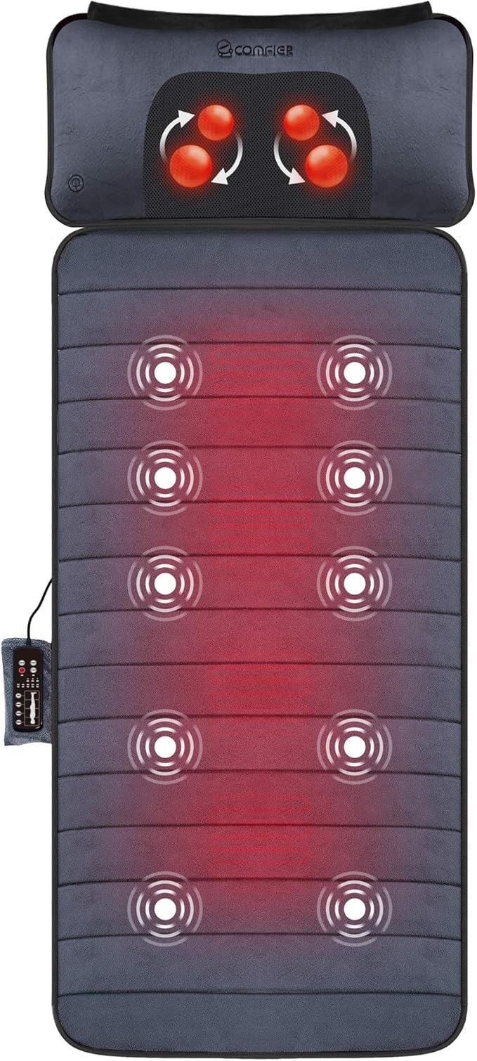 COMFIER Full Body Massage Mat with Movable Neck Pillow, Shiatsu Back Massager with 10 Vibrating Motors & 4 Heat Levels, Massage Pad, Gift for Women Man