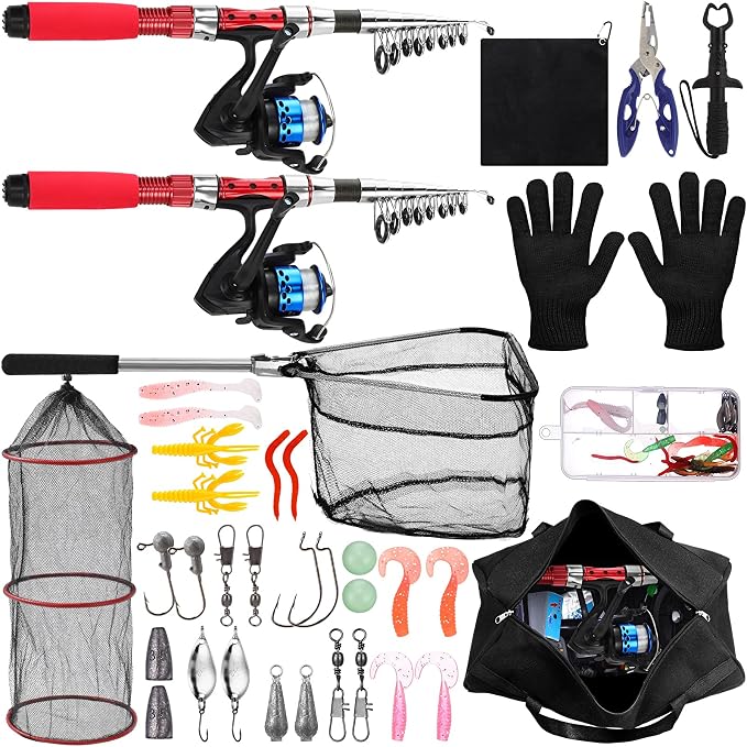 51 Pcs Fishing Rods Combo 6.89ft Telescopic Freshwater Pole Set with Plier Lip Gripper Lures Carrier Bag Pre Loaded Spinning Reel with Freshwater Rod Reel Kit Father Men Gift