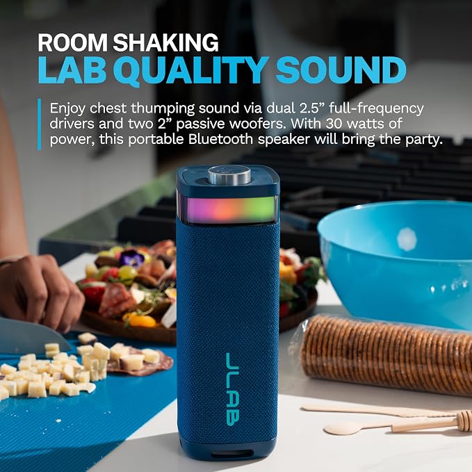 JLab, JBuds Party, Portable Bluetooth Speaker, Waterproof, RGB Lighting, Multi-Speaker Connect, Navy