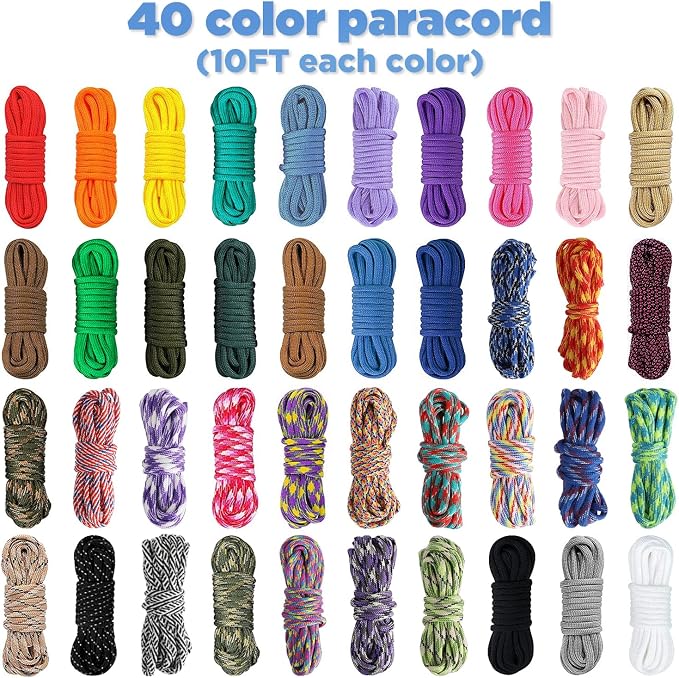 GNILLKO Paracord Bracelet Kit - 40 Colors, 10 Feet, Complete Accessories for Making Bracelets, Lanyards, Dog Collar