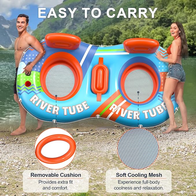 Inflatable River Tube Float, 2 Person Heavy Duty River Pool Floats Adults with 2 Cup Holders Premium Lake Water Tubes for Floating, Outdoor River Raft Sport Fun