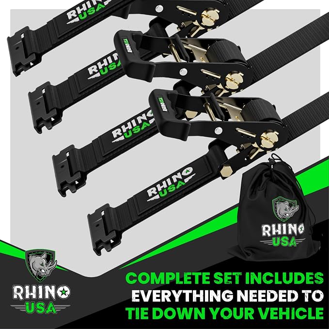 Rhino USA E Track Ratchet Tie Down Straps (4,500lb Break Strength) - Includes (4) Premium 2" x 16' eTrack Tie Downs - Ultimate Heavy Duty eTrack Cargo Strap System for Trailer, Truck, Motorcycle