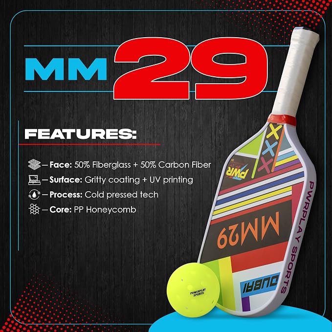 Pickle Ball Paddle MM29 – 50% Fiberglass + 50% Carbon Fiber Face, Gritty UV Surface, ColdPressed PP Honeycomb Core, 16mm Control Build | Premium Pickleball Racket
