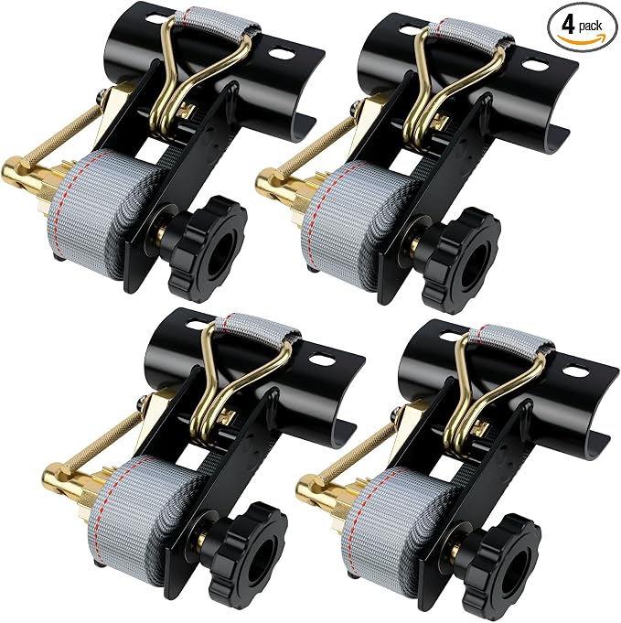 Rack Straps with J-Hook (4PK),1.5" x7.5' Ladder Rack Ratchet Straps, 2" Round Tube Mount, Perfect Ladder Rack Tie-Downs for Trailer Cargo Control