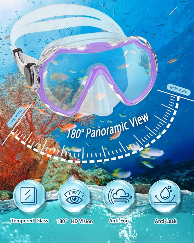 Snorkeling Gear for Adults, Adult Snorkel Set with Panoramic Anti-Leak and Anti-Fog Tempered Glass Snorkel Mask, Dry Top Snorkel, Snorkle Mask Set Adult with Mesh Bag Ear Plug for Snorkeling