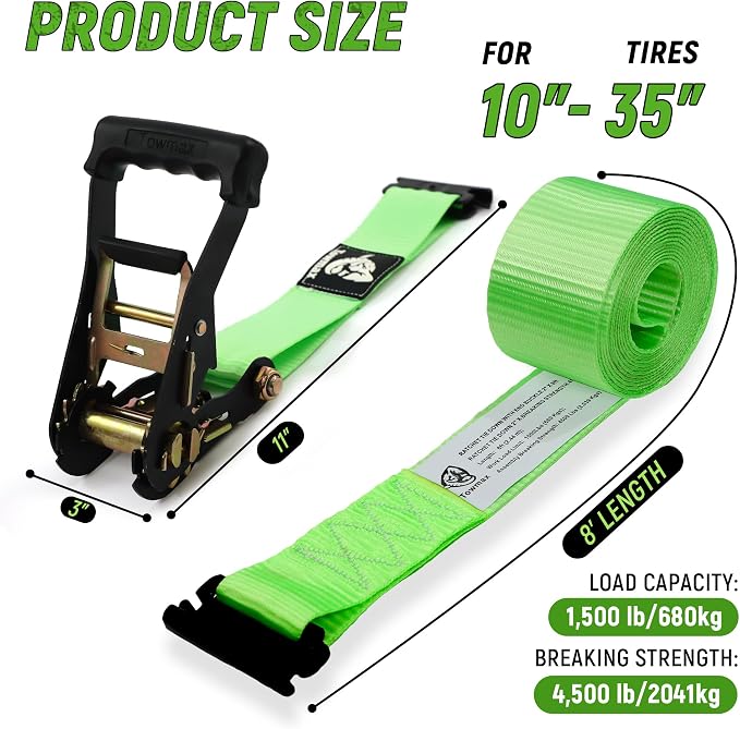 UTV Wheel Chock Tie-Down Kit - 4,500lb Break Strength Heavy Duty Trailer Tire Straps System - 2Pack 2" x 8' E Track Ratchet Straps for SXS, UTV, ATV, Lawn Mower (Bright Green)