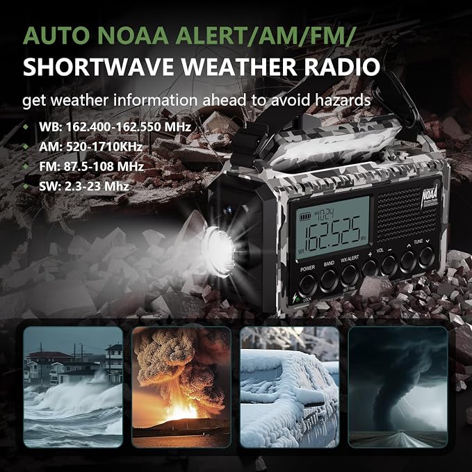 Emergency Radio 12000mAh AUTO NOAA Weather Radio, Solar Hand Crank Portable AM/FM Shortwave Radio with Rechargeable Battery Powered, Flashlight, Reading Lamp, SOS Alarm for Indoor Outdoor Emergencies