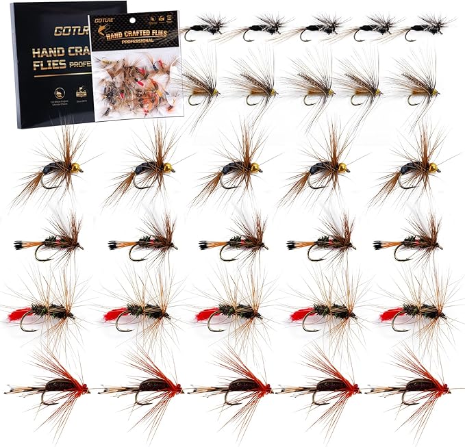 Goture Fly Fishing Flies Kit,25pcs/30pcs/100pcs Fly Fishing Lures,Dry Flies Wet Flies Streamers Nymphs Flies, Fly Fishing Assortment Kit for Bass Trout Salmon Fishing