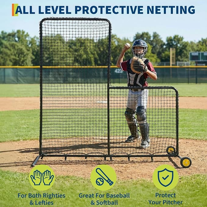 7x7FT L-Shaped Baseball Pitching Net with Wheels,Portable Steel L Screen,Protective Pitcher Screen Netting for Batting Cage, Softball & Tee-Ball Practice (All Skill Levels)