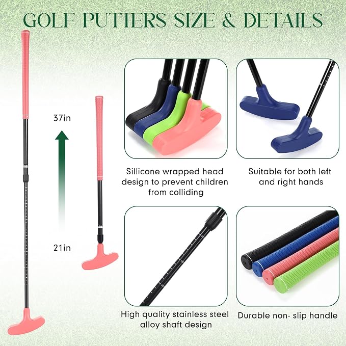 MiniInflat 4 Set Mini Golf Putters with 8 Balls, 4 Golf Putting Cup and Flag, Tees, Two Way Adjustable Length Putter for Right or Left Handed Golfer(Natural)